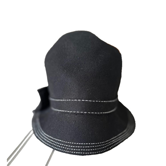 Collection Eighteen Wool Cloche Hat Black Bow Trim Retro White Embroidered Women - Picture 4 of 9